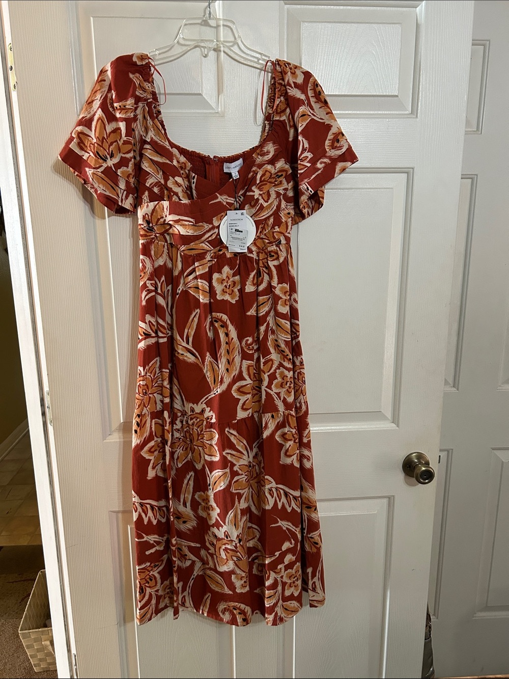 Floral Rust Midi Dress with Flutter Sleeves